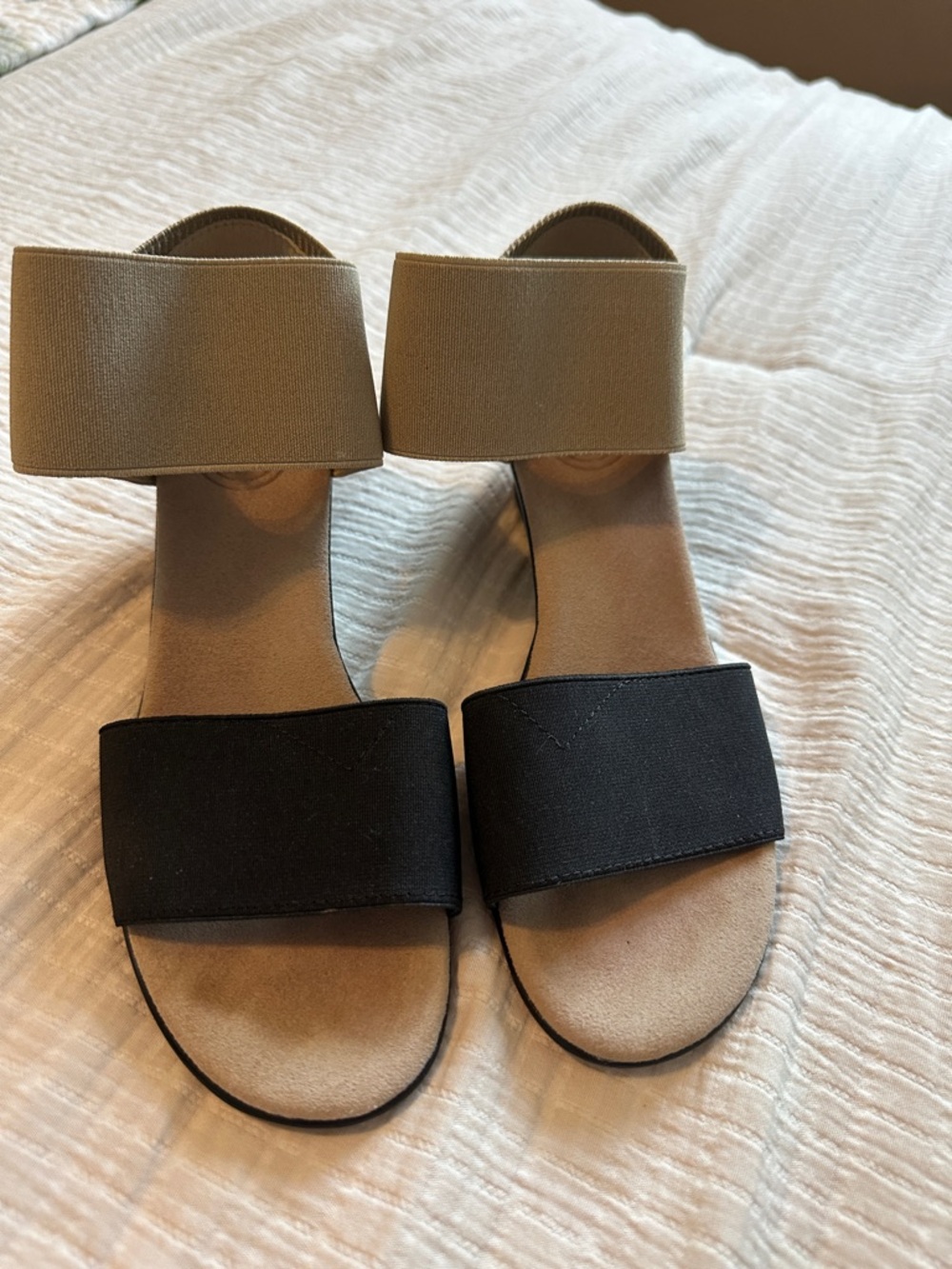 CHARLESTON SHOE CO. Two-Band Elastic Sandals in Black and Taupe